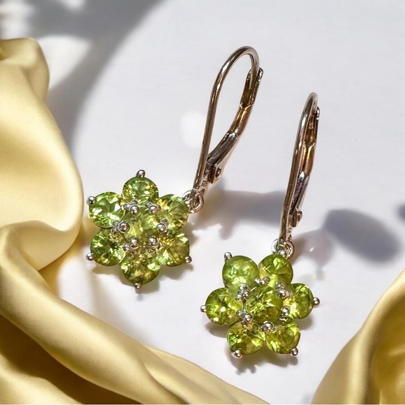 Natural Mint Green Peridot Cluster Sterling Silver Leverback Earrings